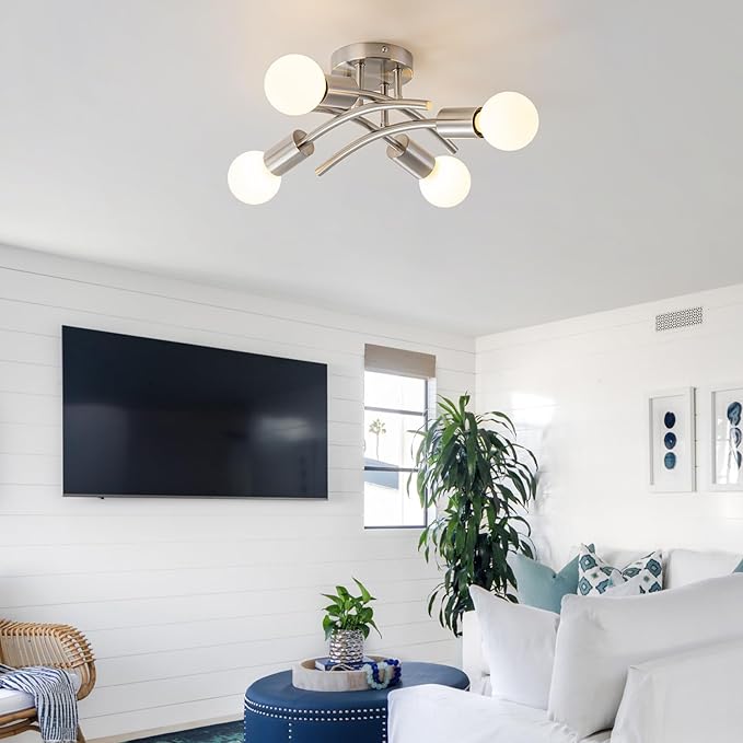 WILON Semi Flush Mount Ceiling Light Fixture, Modern Flush Mount Ceiling Lights, Brushed Nickel 4-Light Sputnik Ceiling Light Fixture with E26 Bulb Base for Hallway Farmhouse Kitchen Bedroom