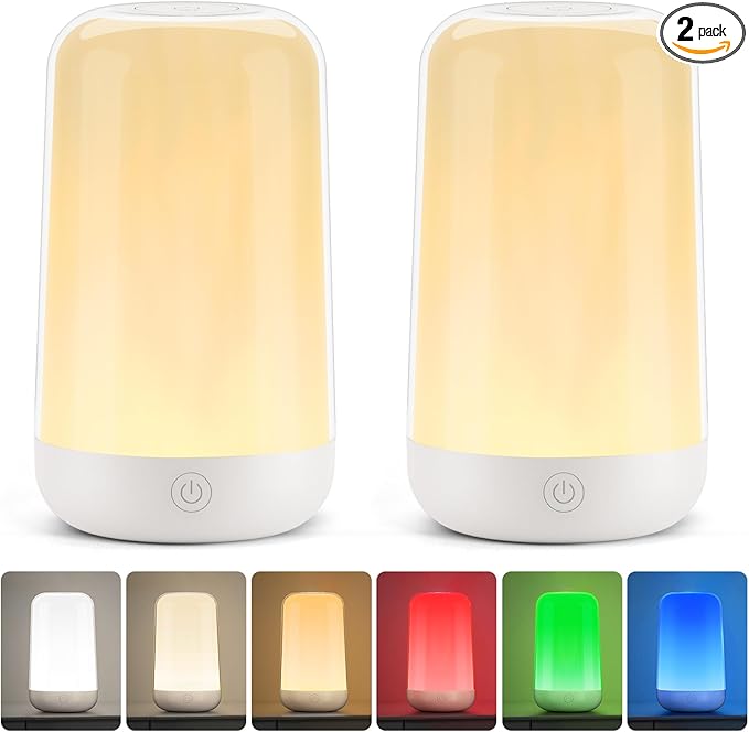 FRIDEKO HOME 2 Pack RGB Touch Bedside Lamp for Nightstand, 3 Color Temperatures Rechargeable Battery Night Light, Dimmable Mood Lighting for Bedroom Living Room Nursery, Breastfeeding, Kids, Adult