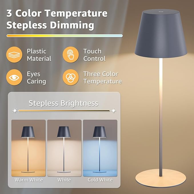 uuffoo 2 Pack Cordless Rechargeable Table Lamps Battery Operated Outdoor Table Lamps with 3 Colors Stepless Dimming, Desk Night Light for Restaurant, Patio, Bedroom, Bar (Gray)