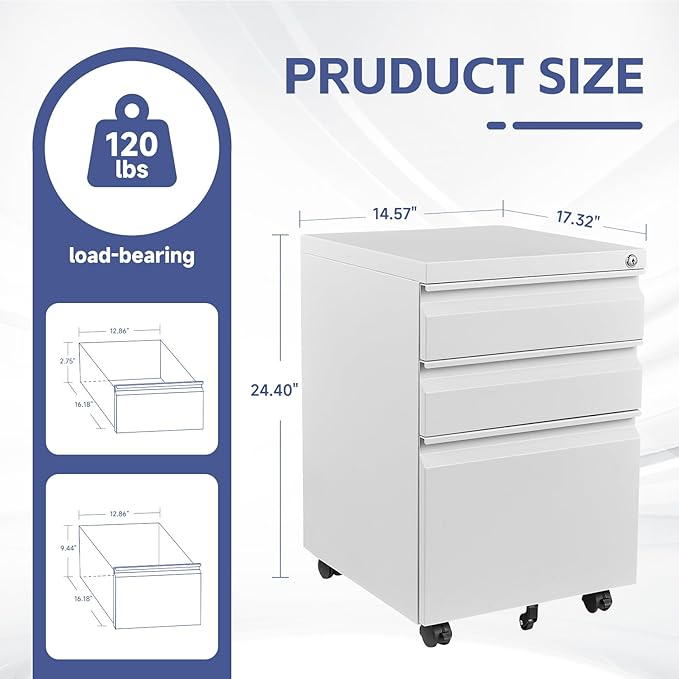 3 Drawer File Cabinet with Lock,Mobile Filing Cabinets,Metal Small Rolling File Cabinet,Under Desk Office Drawers for Legal/Letter/A4 File, Assembly Required,White