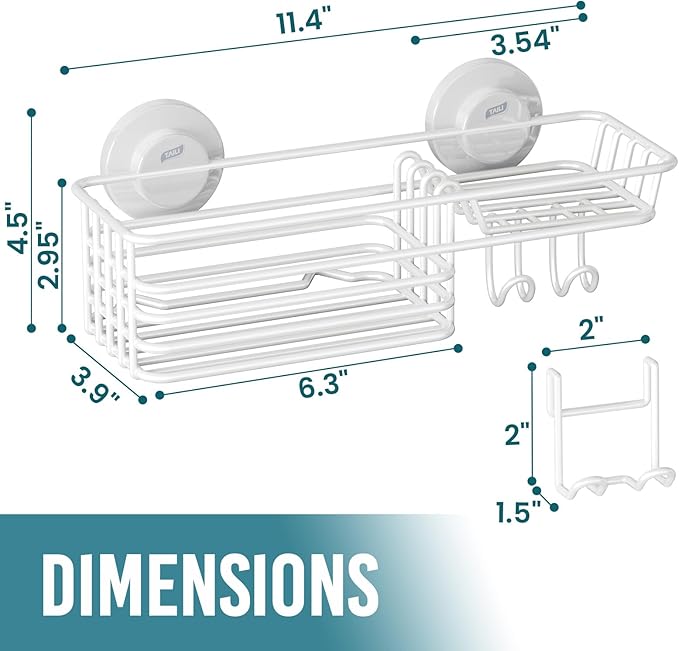TAILI Shower Caddy Suction Cup with Hooks & Soap Holder, Heavy Duty Bathroom Shower Organizer, No Drilling Shelves for Inside Bathroom, Metal Black Storage Basket-White