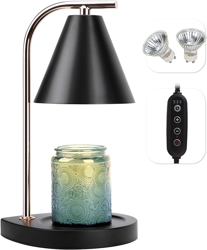 Candle Warmer Lamp with Timer, Dimmable Candle Lamp for Small and Large Jar Candles, Modern Candle Warmer Lamp with 2 Bulbs(Black Gold)