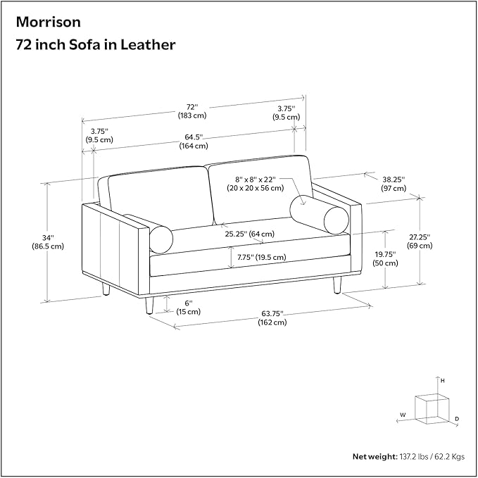 SIMPLIHOME Morrison 72-inch Wide Sofa in Sienna Top Grain Genuine Leather, Mid-Century Modern-Style Loveseat for Living Room, Single Bench Cushion, Removable Back Cushions, 2 Bolster Pillows