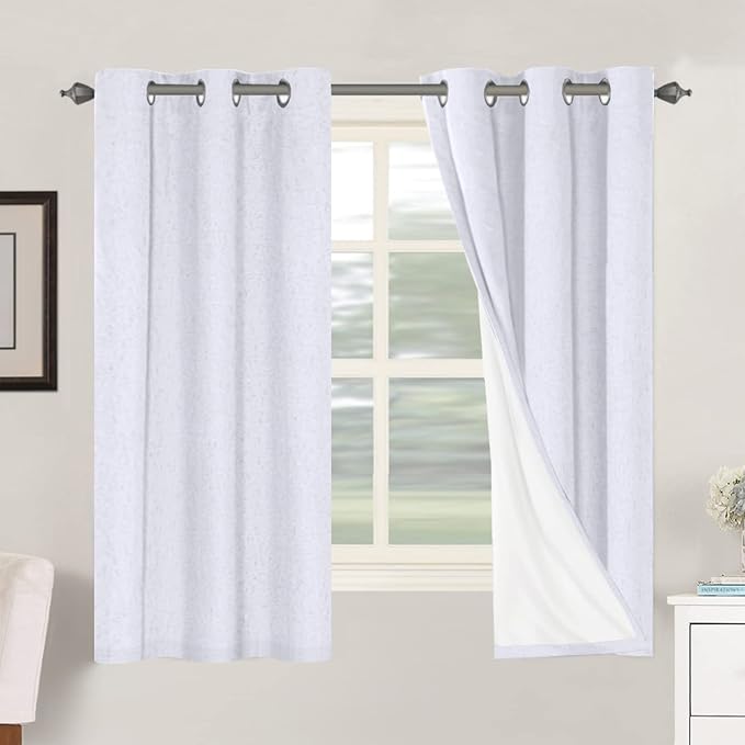 H.VERSAILTEX Primitive Linen Curtains 100% Blackout Curtain Drapes Burlap Curtains with White Thermal Insulated Liner, Grommet Top Drapes Living Room/Bedroom (2 Panels, 42 x 63 Inch, Bright White)