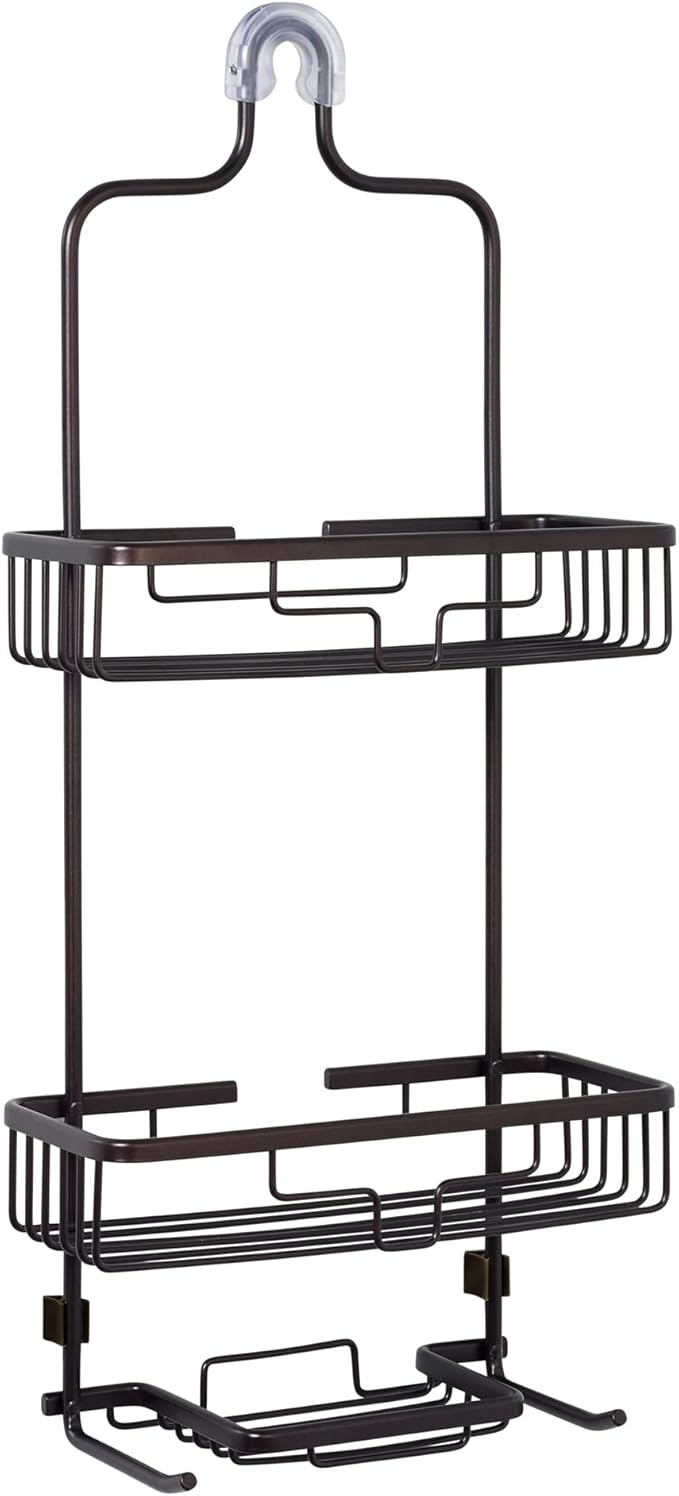 Zenna Home Rustproof Hanging Shower Caddy, Over the Shower Head Caddy with 2 Shelves and Built In Hooks, Aluminum Bathroom Hanging Organizer, Bronze