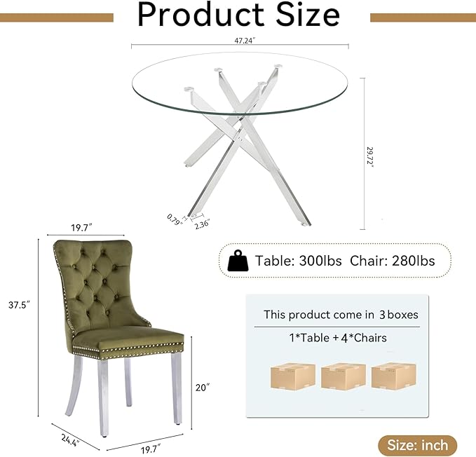 Goujxcy 5 Piece Round Glass Dining Table Set for 4, 47" Round Dining Table & Chair Set Modern Circle Glass Kitchen Table and 4 Velvet Upholstered Chairs for Kitchen Dining (Silver & Olive-Green)