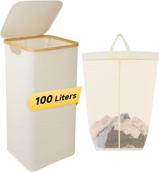 100L/26 Gallon Extra Large Foldable Laundry Hamper with Lid - Dirty Clothing Hamper & Collapsible Basket, Portable Clothes Organizer for Home, Travel, Bathroom & Laundry Room, Beige