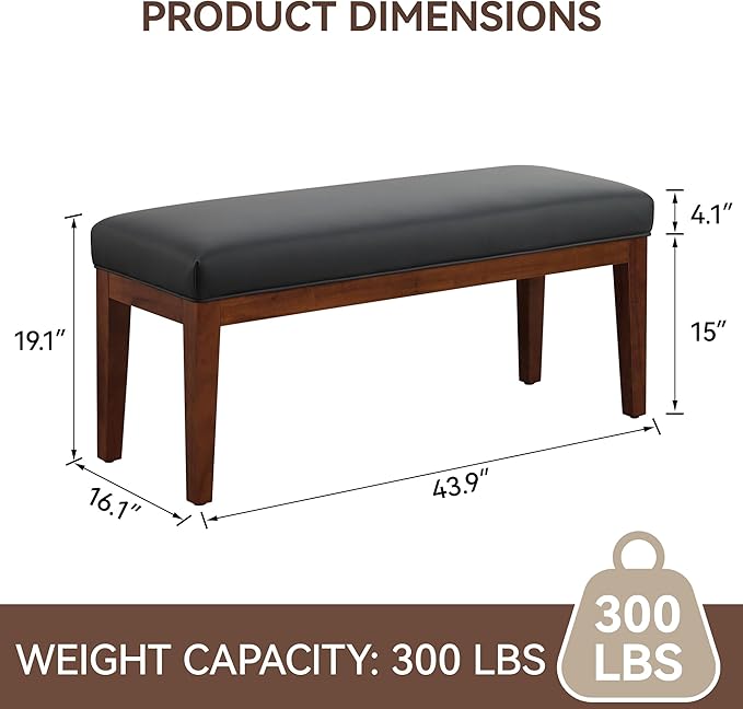 43.5'' Faux Leather Bedroom Bench, Upholstered End of Bed Bench, Padded Vintage Dining Bench, Entryway Bench with Solid Wood Legs, Kitchen, Living Room, Hallway, Black