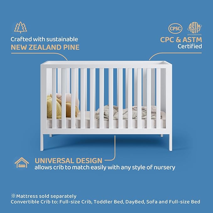 HARPPA Grevia 5 in 1 Convertible Crib, 3 Adjustable Heights, Converts to Toddler Bed, Daybed, Sofa and Full-Size Bed, Fits Standard Baby Crib Mattress, White