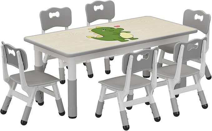 GAOMON Kids Table and 6 Chairs Set, Height Adjustable Toddler Table and Chair Set for Ages 2-10, Graffiti Desktop, Non-Slip Legs, Children Activity Table for Daycare Classroom Home