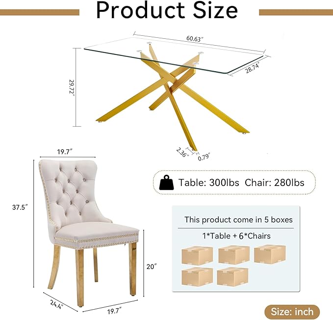 Goujxcy 7 Piece Glass Dining Table Set Modern Glass Dining Table Set for 6, 61" Rectangular Gold Kitchen Table and 6 Velvet Upholstered Chairs, Gold Table & Beige Chair