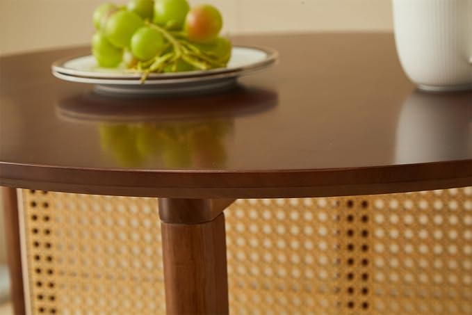 Small Round Coffee Table – 31.5" Solid Wood & Rattan Coffee Table, Modern Rustic Low Accent Table for Living Room, Boho Style, Walnut Height 29"