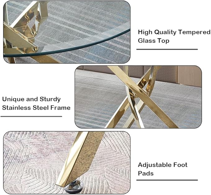 Goujxcy 5 Piece Round Glass Dining Table Set for 4, 36" Round Dining Table & Chair Set Modern Circle Glass Kitchen Table and 4 Velvet Upholstered Chairs for Kitchen Dining (Gold Table & Green Chair)