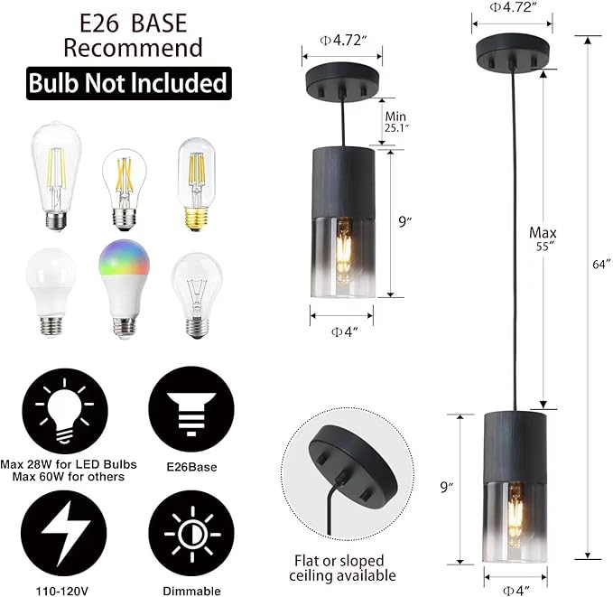 Black Pendant Light Fixtures, Adjustable Modern Pendant Lights for Kitchen Island, Industrial Glass Pendant Lights for Dining Table Hallway Bedroom Living Room,1 Pack