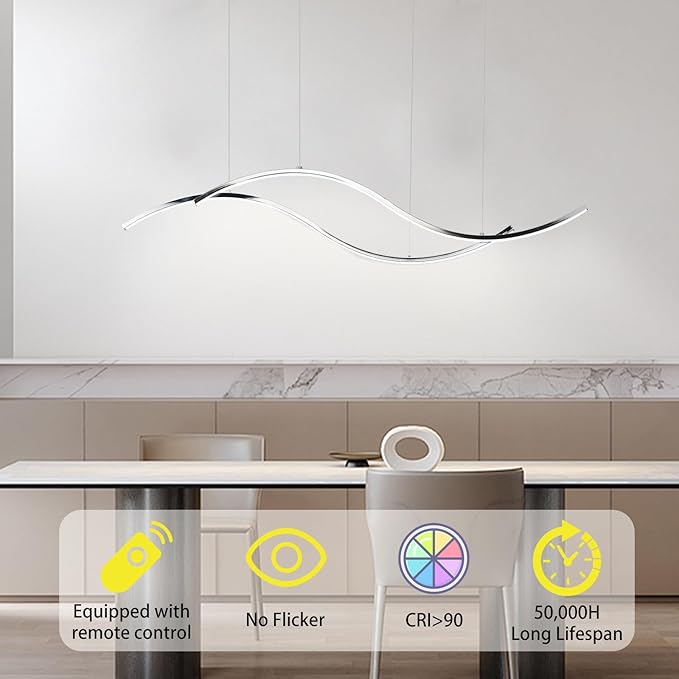 Modern Led Pendant Light, Dimmable Chrome Led Chandelier for Dining Room Light Fixture Over Table Creative Wave Pendant Light for Kitchen Island, Dining Room, Bedroom(Chrome)