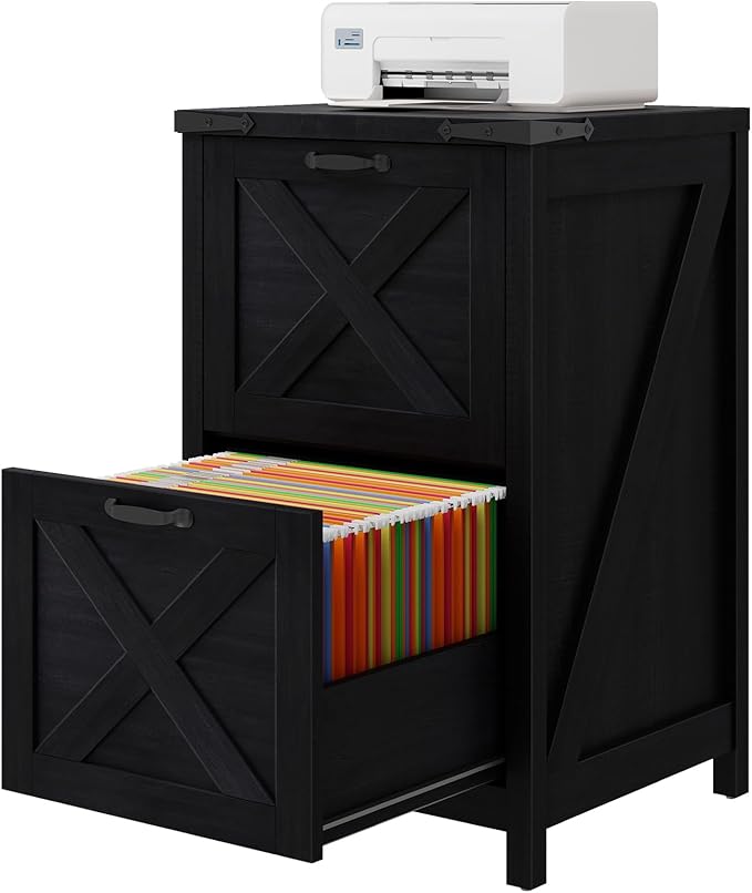 Vertical File Cabinet with 2 Drawers, Wooden Farmhouse Filing Cabinet for Letter/A4 Size Hanging Files, Under Desk Printer Stand with Storage for Home Office, Black