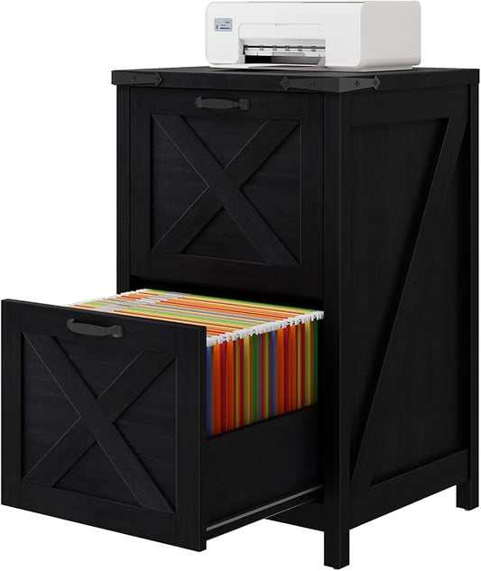 Vertical File Cabinet with 2 Drawers, Wooden Farmhouse Filing Cabinet for Letter/A4 Size Hanging Files, Under Desk Printer Stand with Storage for Home Office, Black