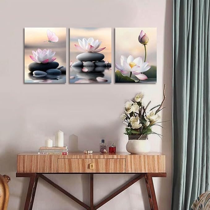 Arjun Flower Pink Lotus Wall Art Canvas Zen Stones Black Painting White Flower Pond Floral Bloosm Framed for Bathroom Spa Salon Living Room Bedroom Kitchen Home Office Wall Decor, 12"x16"x3 Panels