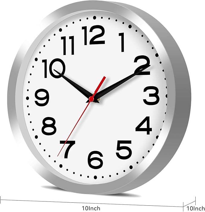Wall Clock Silent Non-Ticking Modern Clock Battery Operated 10 Inch Small Classic Analog Decorative for Kitchen, Bathroom, Office, Bedroom, Home(Silver)