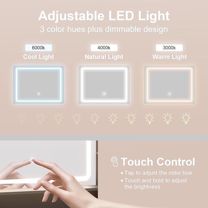 Vanity Table with LED Mirror & Power Outlet - 5 Open Shelves, 4 Drawers - Includes Padded Stool - Ideal Bedroom Makeup Dressing Table （Black）