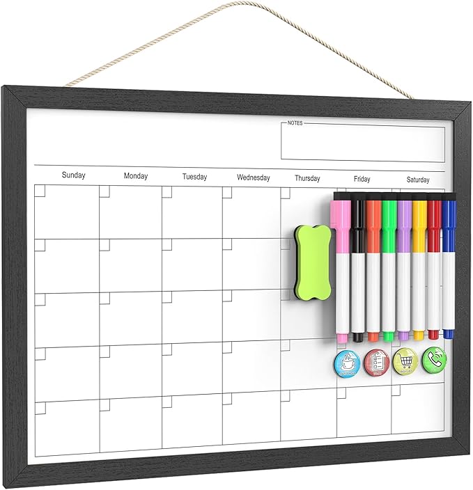 Dry Erase Calendar for Wall, 17x13 Inches Calendar Whiteboard for Wall, Small Magnetic Monthly White Board with Wood Framed, Hanging Dry Erase Board for Kitchen Home Office School Planner