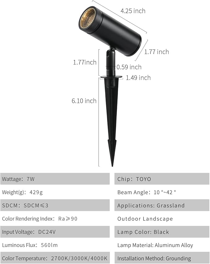 Landscape Lighting Low Voltage, 7W Outdoor Spotlights with Power Supply, 24V Plug in LED Spot Lights for Yard, Backyard, House, Pathway, Garden, IP65 Waterproof CRI 90