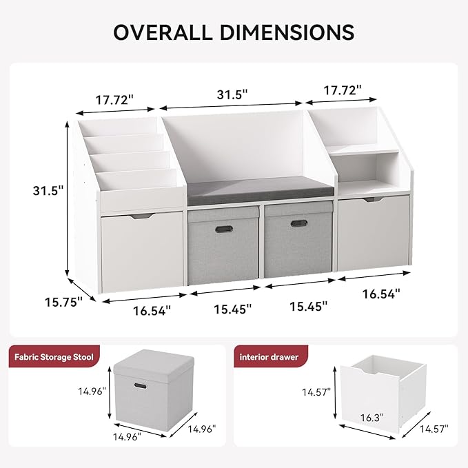 oneinmil 67" Kids Reading Nook with Bench Kids Bookshelf and Bookcase with Seat Cushion and Cube Storage Organizer Toddler Storage Cabinets Box on Wheels Children Toy Chestfor Bedroom, Nursery, White