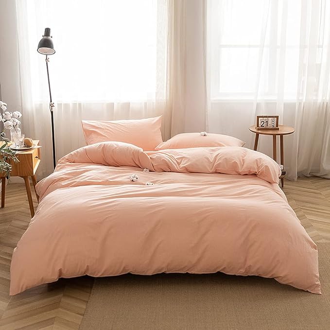 FACE TWO FACE Bedding Duvet Cover Set 3 Pieces 100% Washed Cotton Duvet Cover Linen Like Textured Breathable Durable Soft Comfy (King, Pink)
