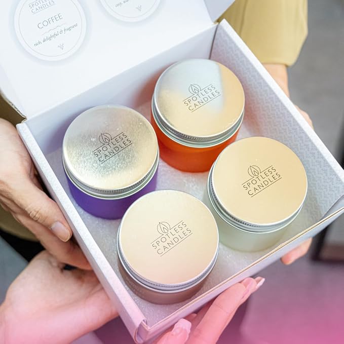 Candles for Women - 4 x 8oz Coloured Glass Jars 3" x4 Mixed Set of Classic Scents Pumpkin Spice, Coffee, Vanilla, Lavender 200 Hours Long Burn Time