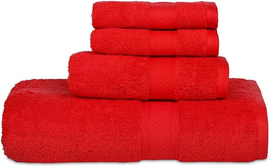 Casa Lino 4 Piece Bath Towel Set | 1 Bath Towel, 2 Wash Cloth, 1 Hand Towels | Bathroom Essentials for New Home, 100% Cotton Luxury Towels, Highly Absorbent Bathroom Set, Red
