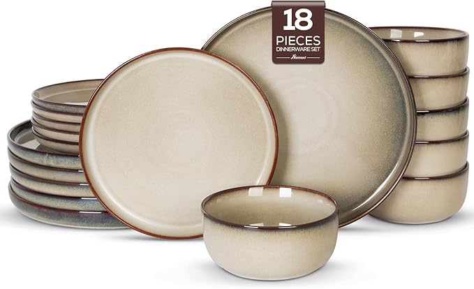 Romswi Ceramic 18Pcs Dinnerware Sets,Stoneware Plates and Bowls Set for 6, Chip & Scratch Resistant Dish Set, Handmade Reactive Glaze Plate Set, Oven, Microwave & Dishwasher Safe,Wheat Green