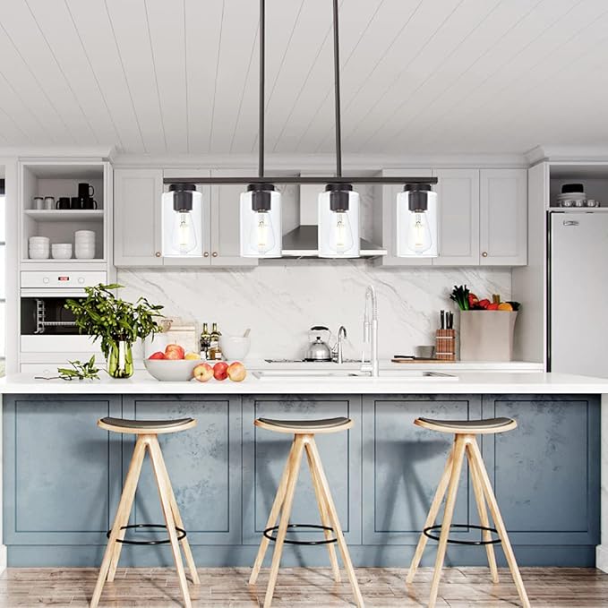 Farmhouse Dining Room Chandelier 4-Lights Kitchen Island Light, Clear Glass Pendant Lighting Fixtures in Oil Rubbed Bronze