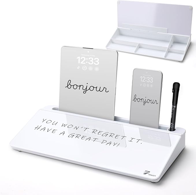 TOWON Small Tilted Desktop Glass Whiteboard, Notepad Computer Keyboard Stand with Dry Erase Board Surface, Desk Organizers with Accessories for Office, Home, School Supplies, White, 17 x 6 Inches
