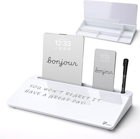 TOWON Small Tilted Desktop Glass Whiteboard, Notepad Computer Keyboard Stand with Dry Erase Board Surface, Desk Organizers with Accessories for Office, Home, School Supplies, White, 17 x 6 Inches