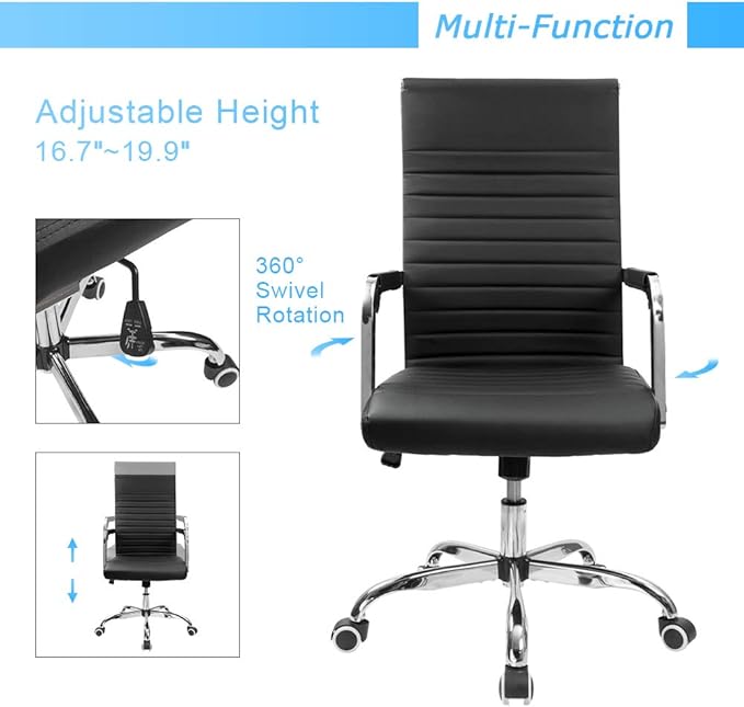 Furmax Ribbed Office Desk Chair Mid-Back PU Leather Executive Conference Task Chair Adjustable Swivel Chair with Arms (Black)
