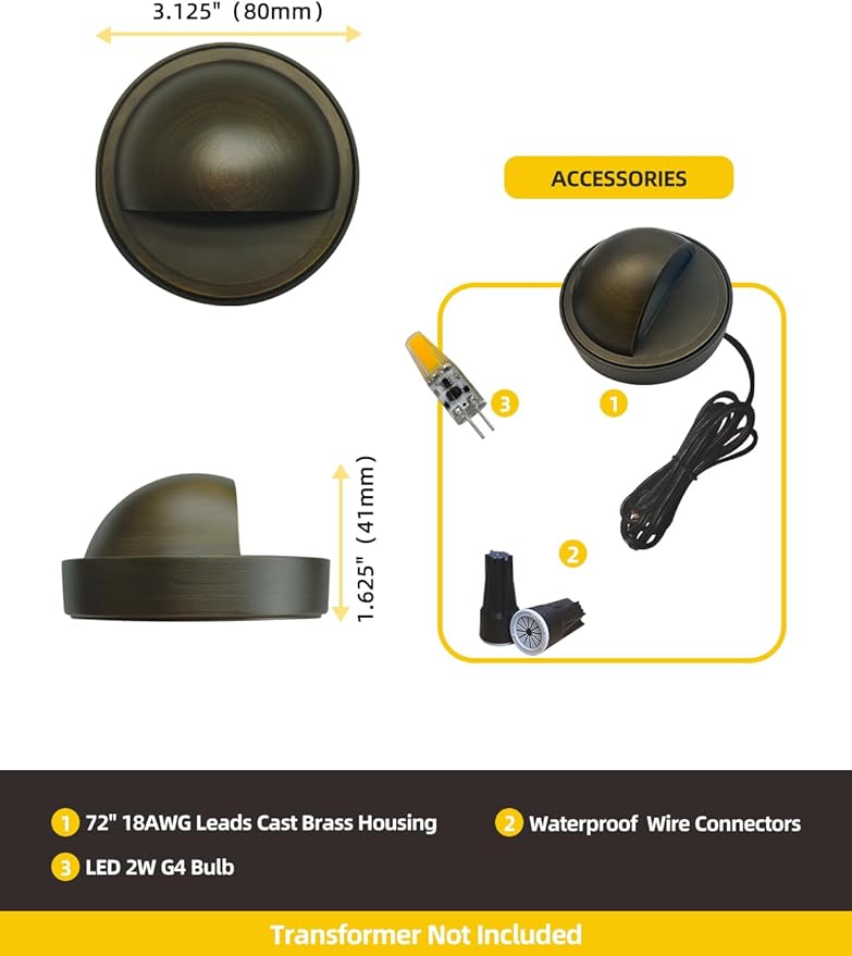 COLOER LED Deck Lights, Low Voltage IP65 Waterproof Landscape Lighting, Brass Step Railing Fence Light, Outdoor Fence Lights, Landscape Pathway Light, 72 inch Wired (10-Pack with Bulb)