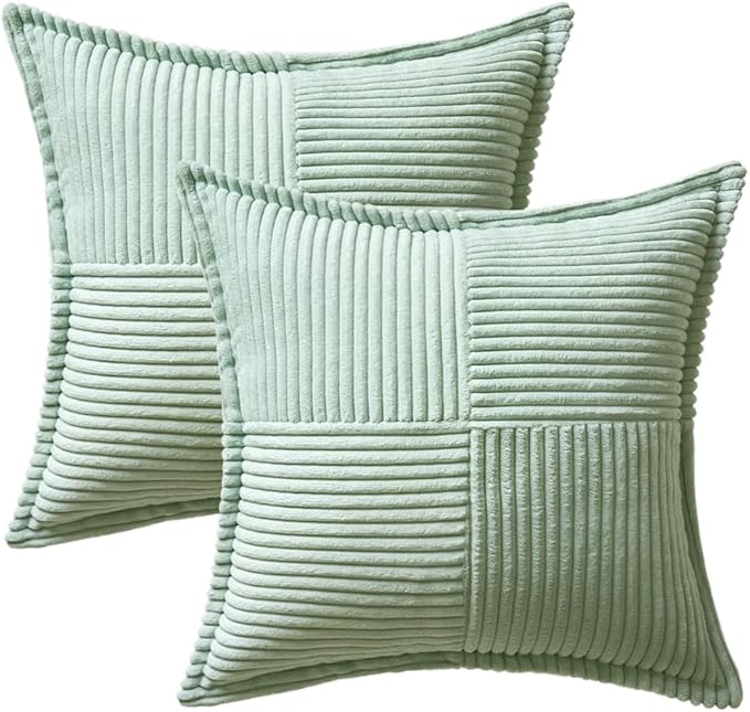 MIULEE Decorative Throw Pillow Covers for Couch Bed Livingroom 18x18 Inch Set of 2 Mint Green Boho Accent Throw Pllows Broadside Striped Patchwork Soft Corduroy Summer Pillowcases