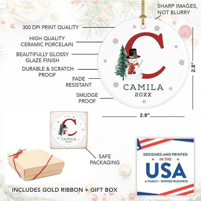 Andaz Press Personalized Christmas Ornament, Custom Name, Initial C Monogram Snowman 2.8" Ceramic Porcelain 2025 Christmas Ornament Keepsake for Kids, Boys, Girls 1-Pack Initial Ornaments