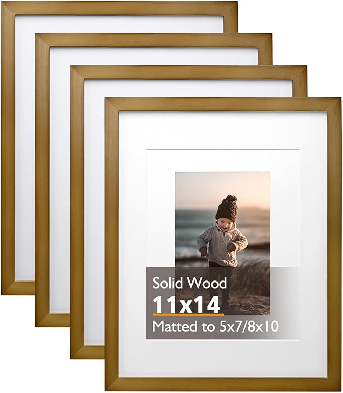 KINLINK 11x14 Picture Frame Brown, Solid Wood Frames with Acrylic Plexiglass for Pictures 5x7/8x10 with Mat or 11x14 without Mat, Tabletop and Wall Display, Set of 4