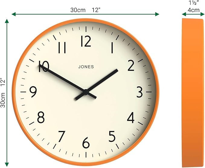 JONES CLOCKS® Studio Wall Clock | Modern Round Clock | 12 inch | Orange | Easy to Read Numbers | Versatile Design for Kitchen, Living Room or Office