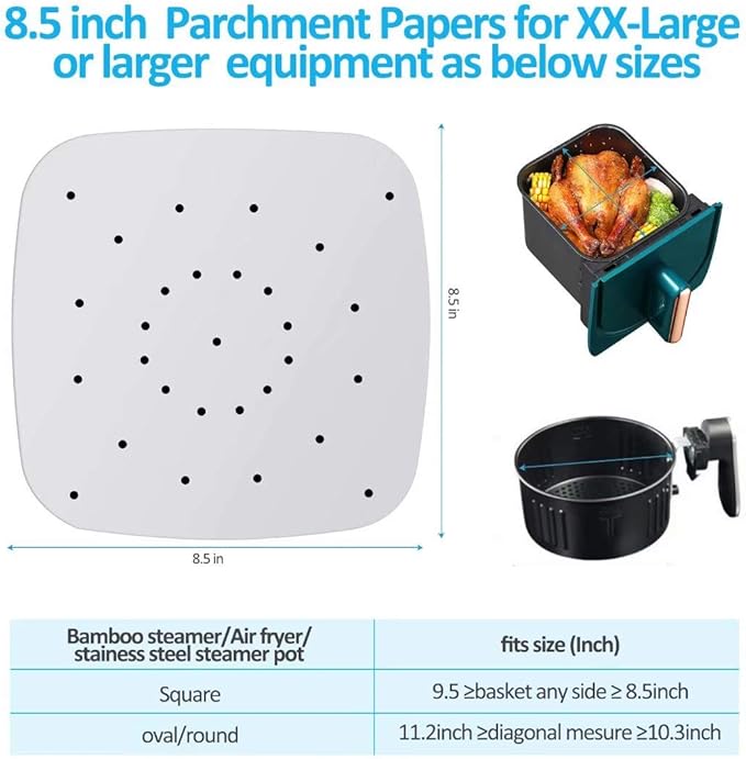 200pcs 8.5inch Square Perforated Parchment Paper Sheets, Premium Nonstick Bamboo Steamer Liner for Air Fryers, Steaming Basket, Oven, Baking, Cooking