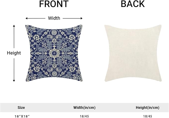 Navy Blue White Boho Pillow Covers 18x18 Set of 2, Carpet Design Decorative Boho Throw Pillows Linen Farmhouse Bohemian Cushion Pillow Covers for Sofa Couch Outdoor Decor