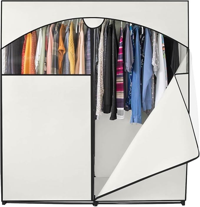 HOLDN’ STORAGE Portable Wardrobe Closet - 65 lb Large Capacity, Internal Heavy Duty Metal Rod, Zipper & Clear Window, Durable Clothes Organizer, Tool-Free Easy Assembly, White Canvas Cover