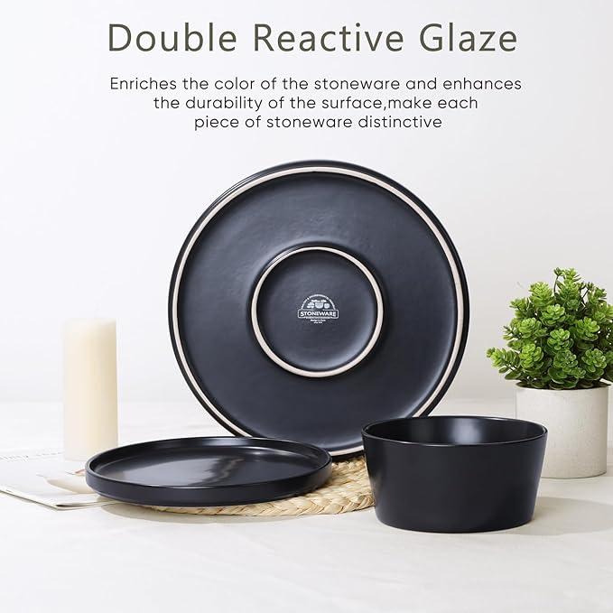 Herogo 12 Pieces Stoneware Dinnerware Set, Service for 4, Dinner Plates and Bowls Sets, Double Reactive Glaze Dishes Set for Kitchen, Scratch Resistant, Dishwasher Safe, Matte Black