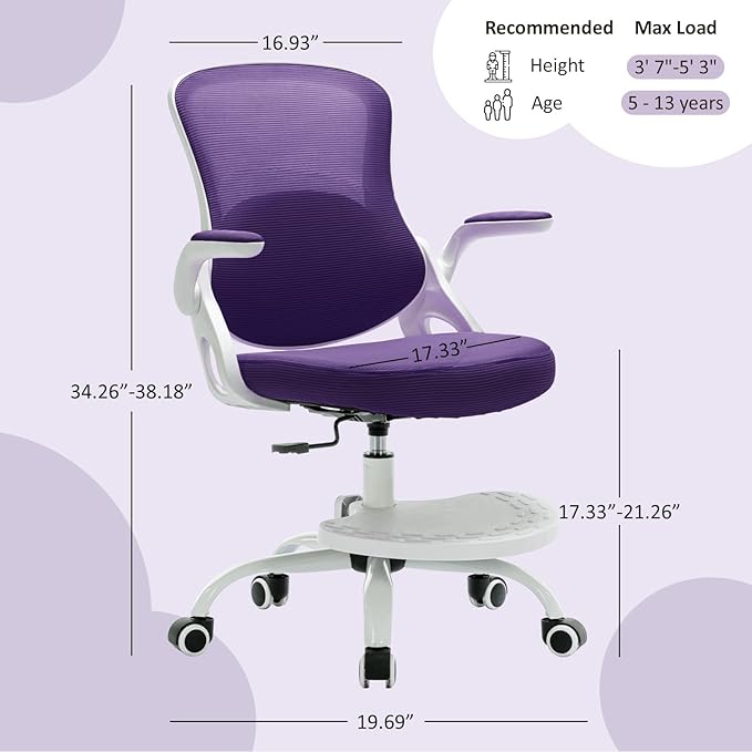 Kids Desk Chair,Ergonomic Study Chair with Adjustable Height,Swivel Mesh Desk Chair with Wheels,Home Office Chair for Children in Home Bedroom Purple