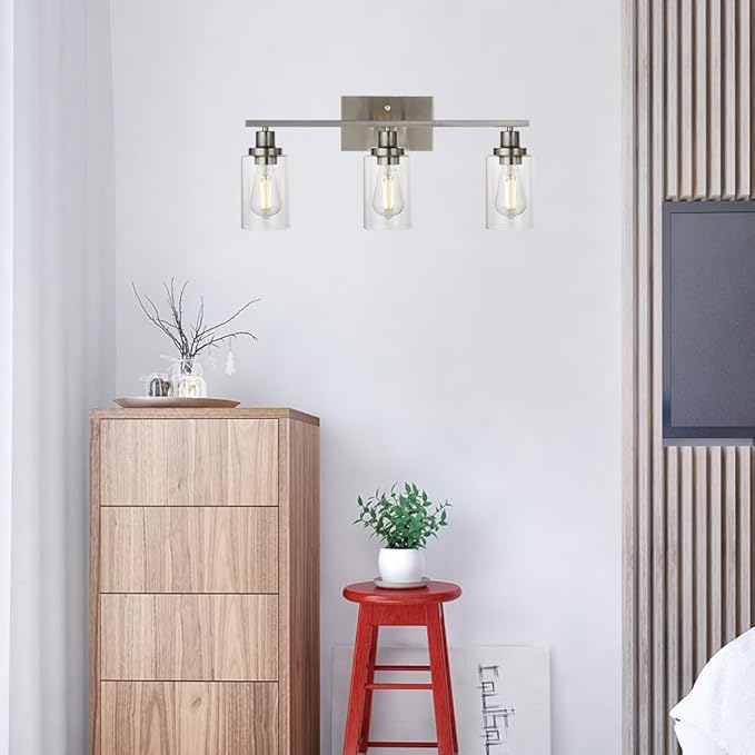 MELUCEE 3 Lights Wall Sconce Brushed Nickel Finished Modern Bathroom Vanity Light Fixtures with Clear Glass Shade Suit for Porch Bedroom Foyer Kitchen (Patent No.: US D963914 S)
