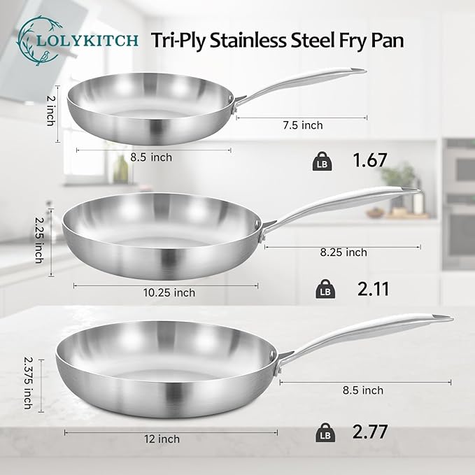 LOLYKITCH 8.5-10-12 Inch Tri-ply Stainless Steel Frying Pans Set of 3,Skillets,Induction Cookware Set,Oven and Dishwasher Safe,Riveted Handle
