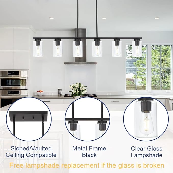 Black 6-Lights Kitchen Island Light with Clear Glass Shades, Farmhouse Hanging Pendant Light Fixture for Farmhouse Dining Room Living Room