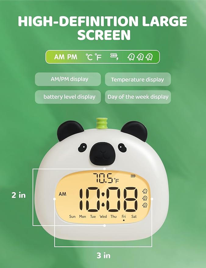 Panda Sleep Trainer Alarm Clock for Kids, LCD Night Light Dimming, USB Rechargeable, 3 Alarms Timer Wake up Helper for Boys & Girls Bedroom Decor Gifts