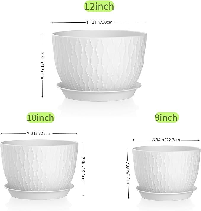 12/10/9 Inch Plant Pots, 3 Pack Large Flower Pots for Indoor and Outdoor Plants with Water Ripples, Large Plastic Flower Pots with Drainage Holes and Tray for Garden Indoor Plants,White